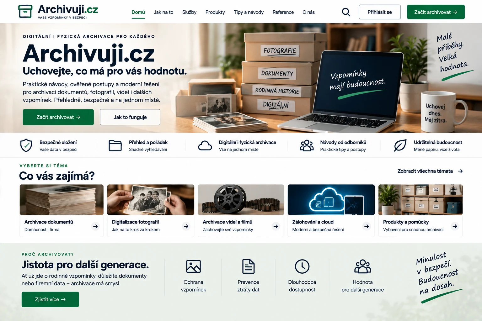 Ilustrační návrh archivní aplikace Archivuji.cz v zelené a krémové